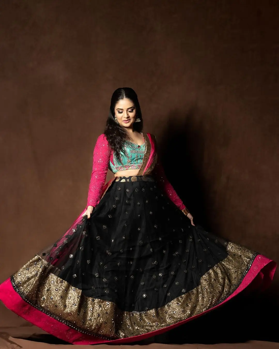 Gemini TV Anchor Sreemukhi in Black Lehenga Blue Choli